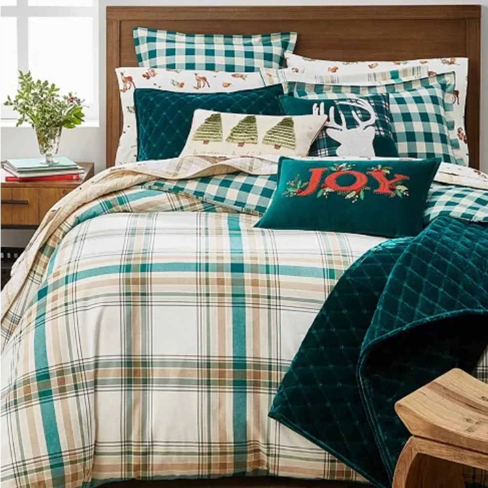 Martha Stewart Collection Holiday Flannel Neutral Plaid Duvet Cover, Full/Queen